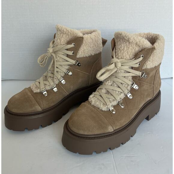 NWT Steve Madden Reyen Platform Combat Oatmeal Suede Lace Up Faux Fur Boot Sz 8 - Picture 1 of 9